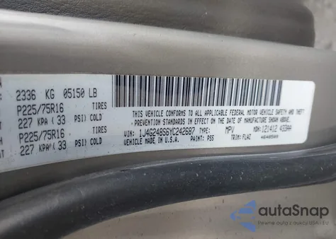 2000 Jeep Grand Cherokee Laredo z USA, uszkodzony, nr VIN 1J4G248S6YC242687